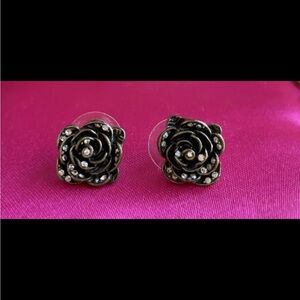 Betsey Johnson Vintage Burnished Bronze Crystal Studded Rose Flower Earrings